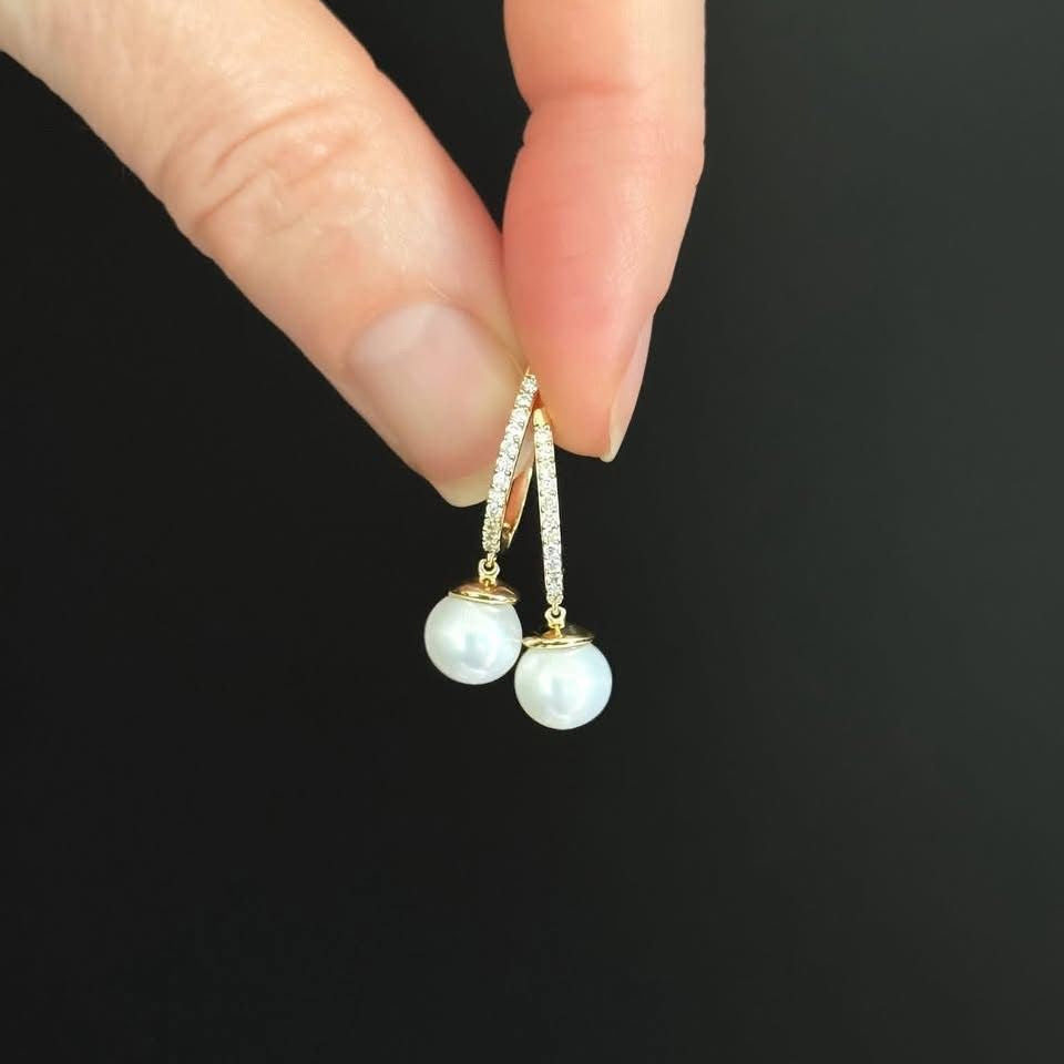 Pearl & Dia 0.20ctw Drop Hoop Earrings 14KYG